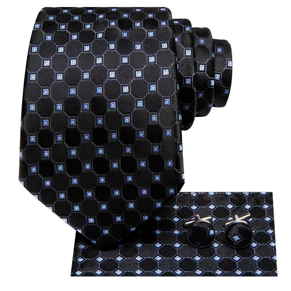 Ties2you Black Plaid Blue Silk Men's Necktie Pocket Square Cufflinks Set sold by Ties2You product image thumbnail 4