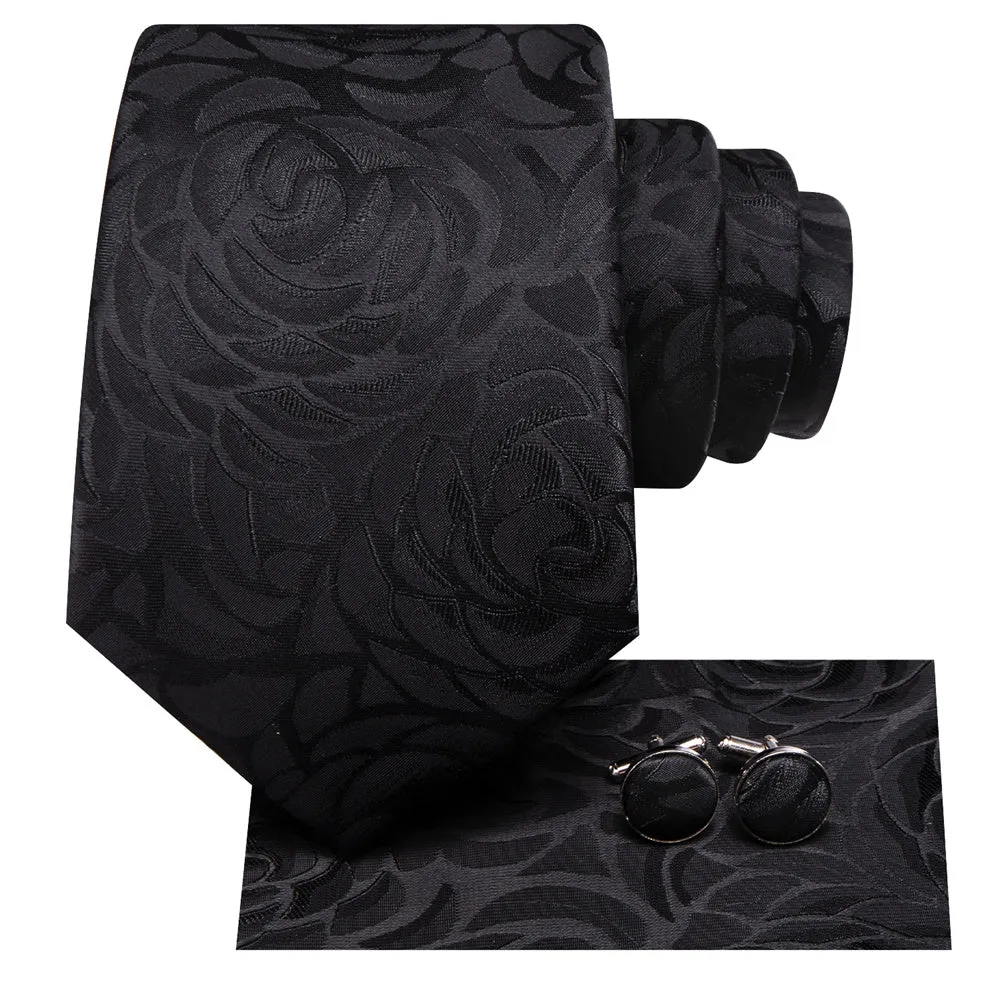 Ties2you Black Floral Jacquard Silk Men's Necktie Pocket Square Cufflinks Set sold by Ties2You product image thumbnail 4