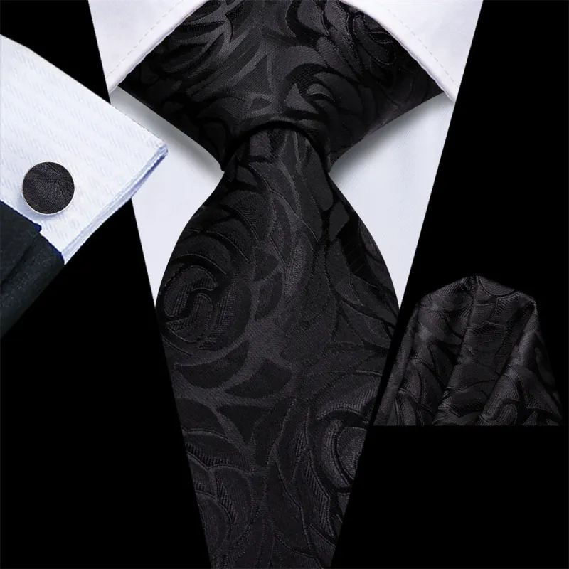 Ties2you Black Floral Jacquard Silk Men's Necktie Pocket Square Cufflinks Set sold by Ties2You