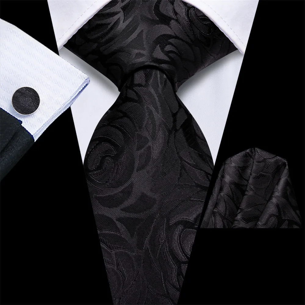 Ties2you Black Floral Jacquard Silk Men's Necktie Pocket Square Cufflinks Set sold by Ties2You