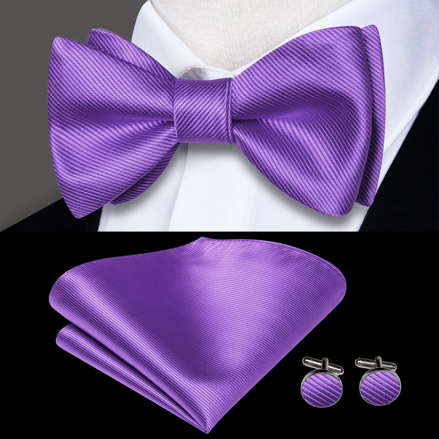Pure Purple Striped Self-tied Bow Tie Pocket Square Cufflinks Set sold by Ties2You