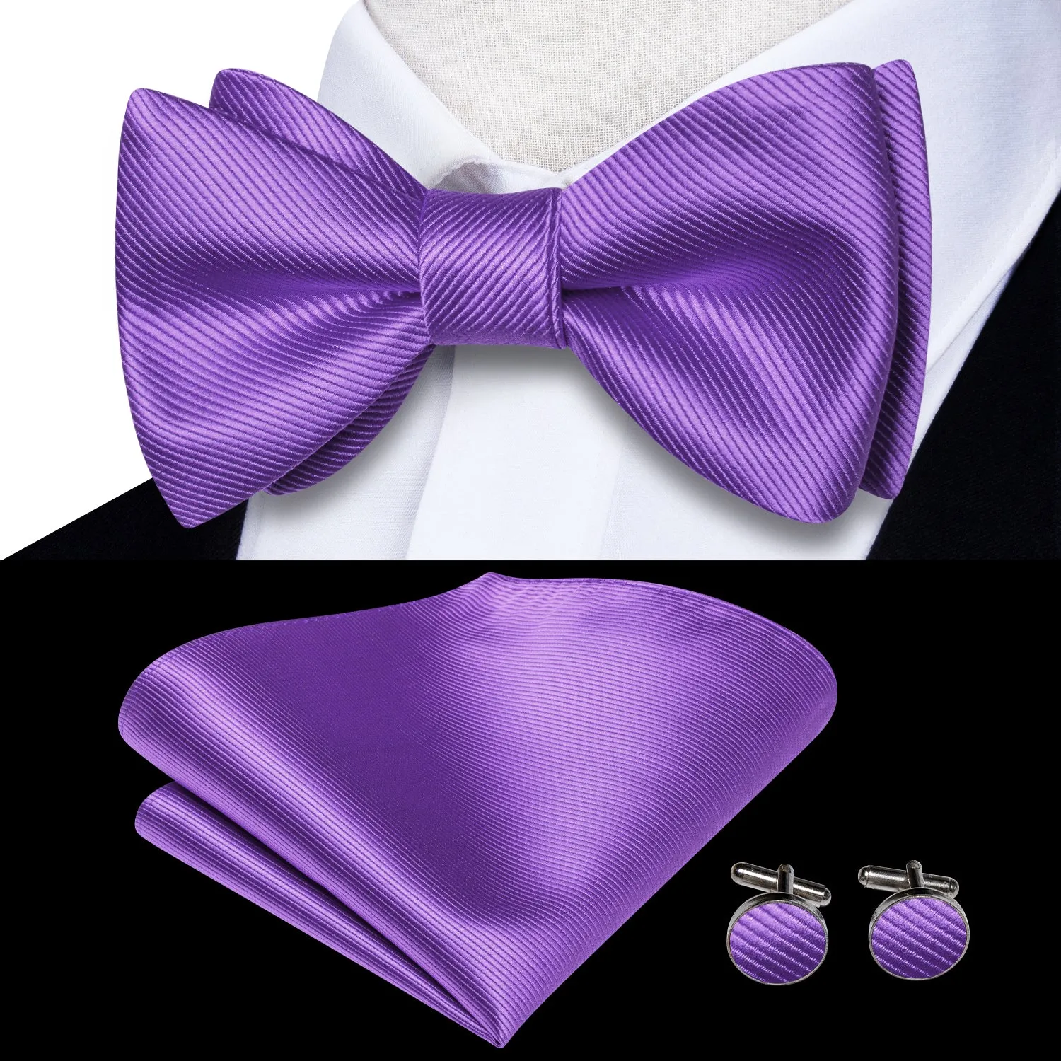 Pure Purple Striped Self-tied Bow Tie Pocket Square Cufflinks Set sold by Ties2You product image thumbnail 2