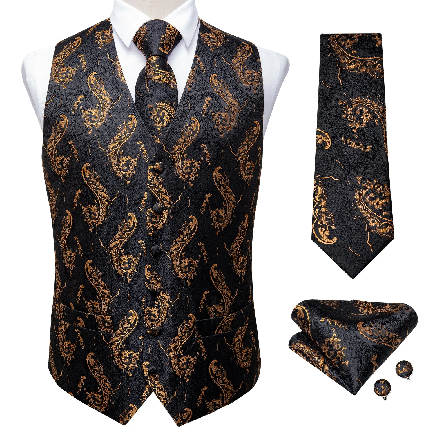 Black Tie Vest Gold Floral Men's Vest Tie Hanky Cufflinks Set sold by Ties2You product image thumbnail 5