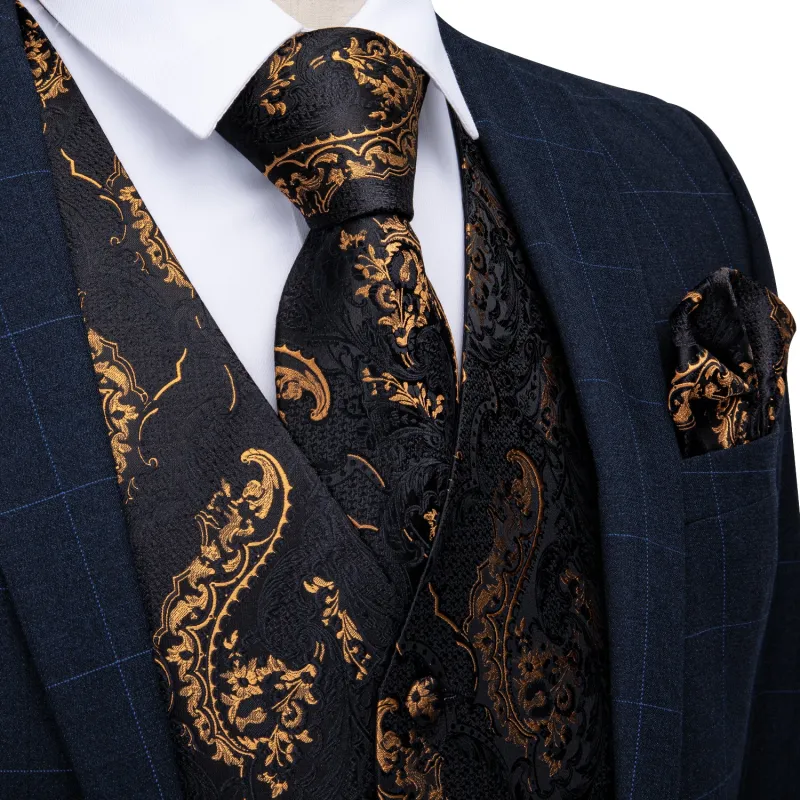Black Tie Vest Gold Floral Men's Vest Tie Hanky Cufflinks Set sold by Ties2You
