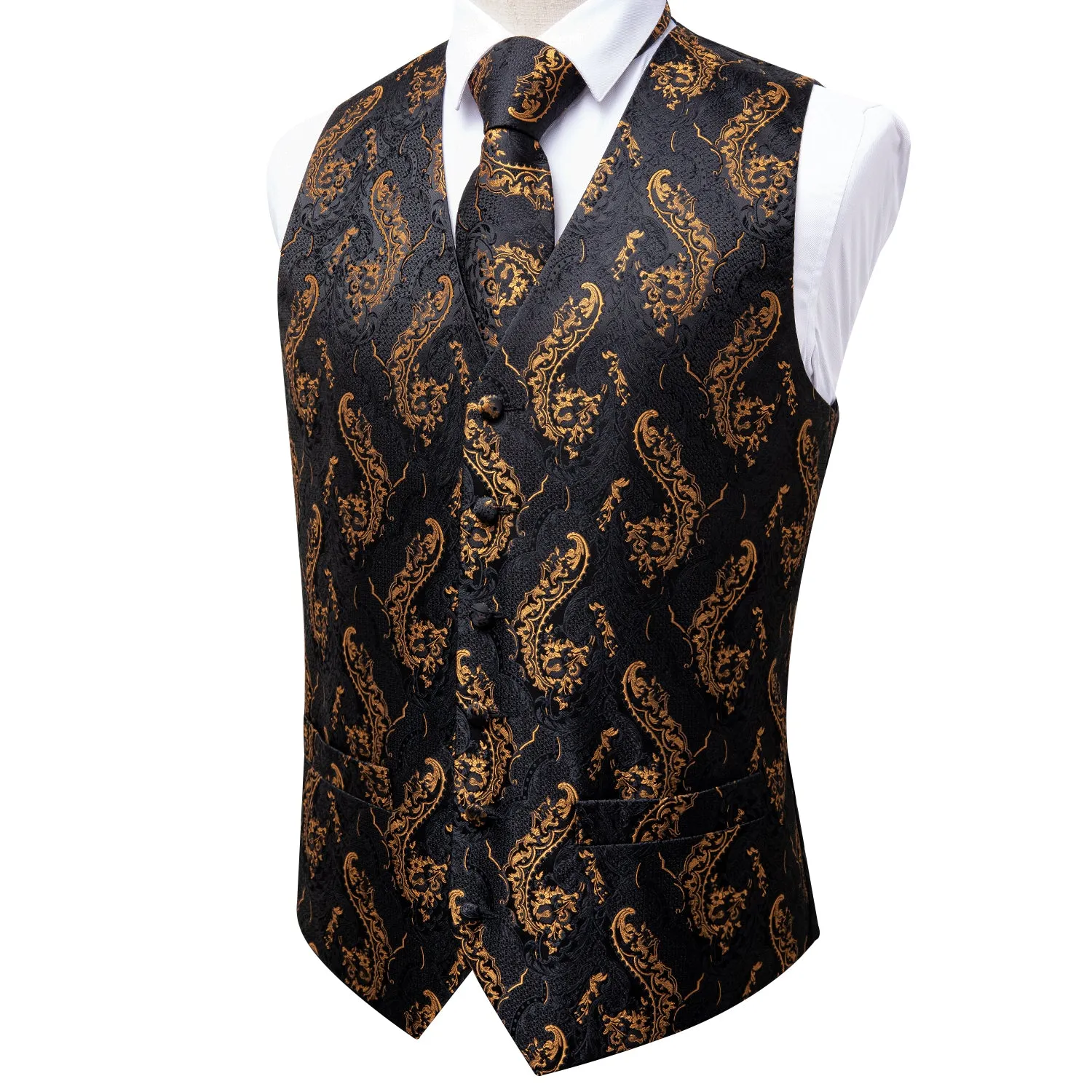 Black Tie Vest Gold Floral Men's Vest Tie Hanky Cufflinks Set sold by Ties2You product image thumbnail 4