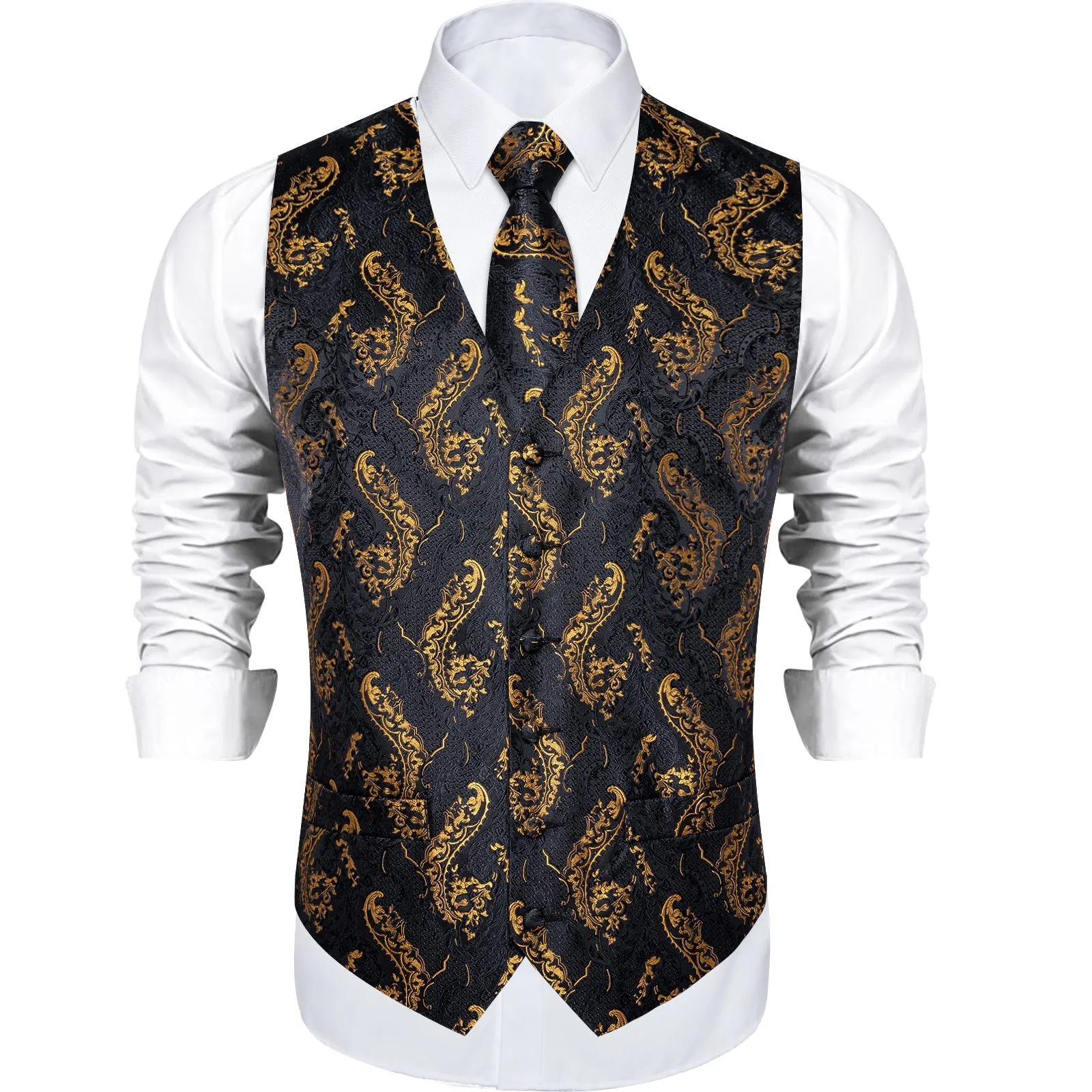 Black Tie Vest Gold Floral Men's Vest Tie Hanky Cufflinks Set sold by Ties2You product image thumbnail 2