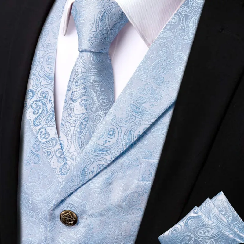 Ties2you Light Blue V-Neck Waistcoat Men Silk Paisley Vest Necktie Set sold by Ties2You