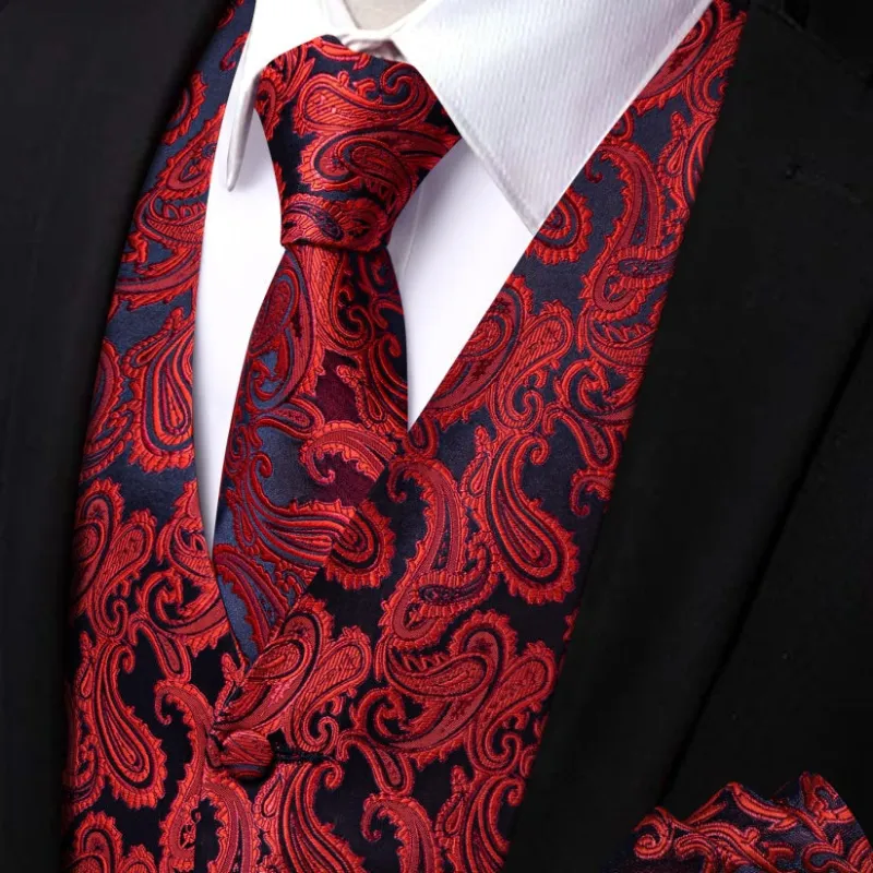 Ties2you Red Black Paisley Waistcoat Vest Necktie Set for Men sold by Ties2You