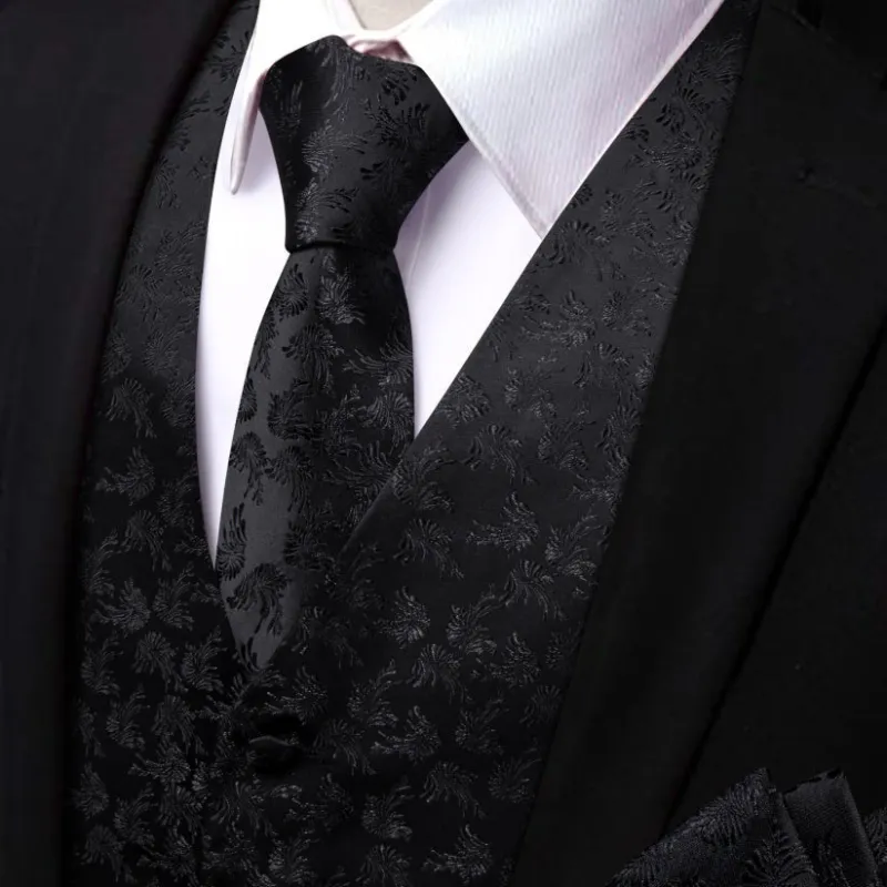 Ties2you Black Floral Silk Men's Notched Lapel Vest Necktie Hanky Cufflinks Set sold by Ties2You