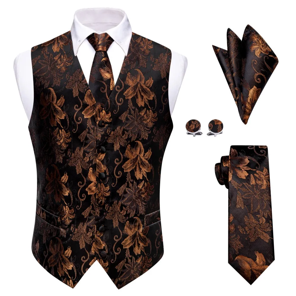 Ties2you Black Brown V-Neck Waistcoat Mens Floral Vest Necktie Set sold by Ties2You product image thumbnail 2
