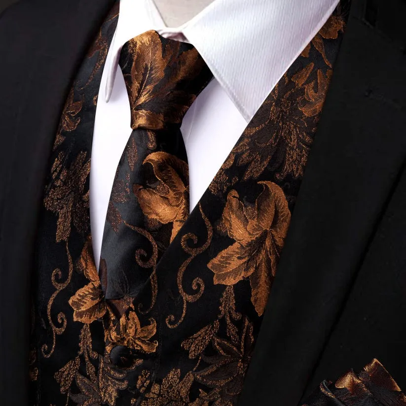 Ties2you Black Brown V-Neck Waistcoat Mens Floral Vest Necktie Set sold by Ties2You