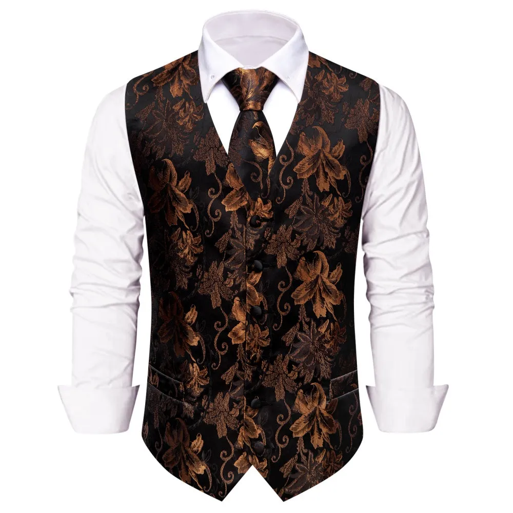 Ties2you Black Brown V-Neck Waistcoat Mens Floral Vest Necktie Set sold by Ties2You product image thumbnail 3