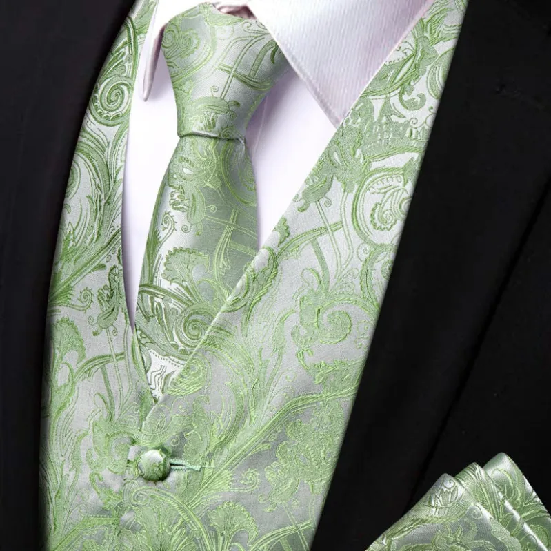 Ties2you Light Green V-Neck Waistcoat Mens Paisley Vest Necktie Set sold by Ties2You