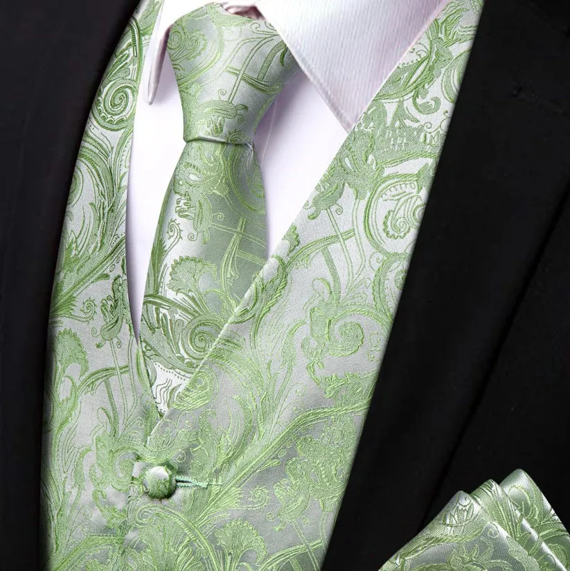 Ties2you Light Green V-Neck Waistcoat Mens Paisley Vest Necktie Set sold by Ties2You