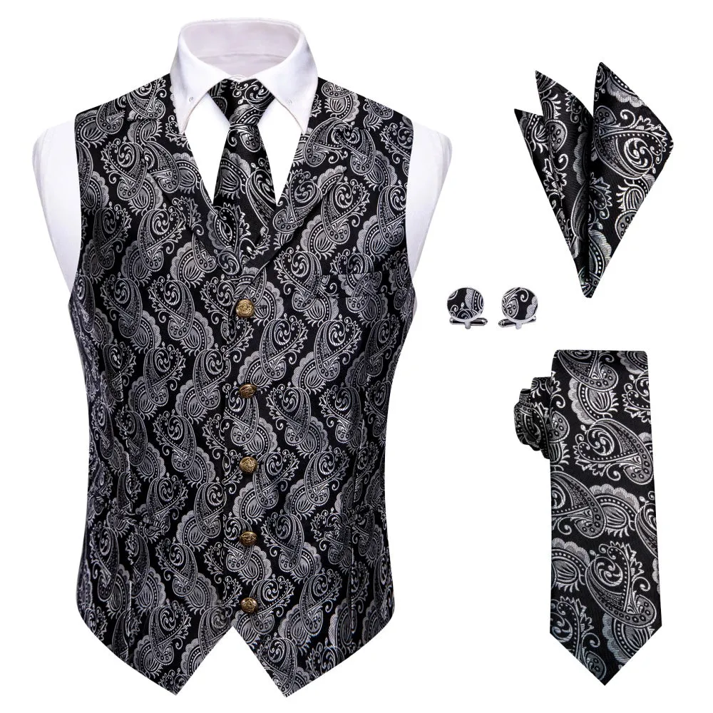 Ties2you Black Silver Paisley Wedding Waistcoat Men's Vest Necktie Set sold by Ties2You product image thumbnail 3