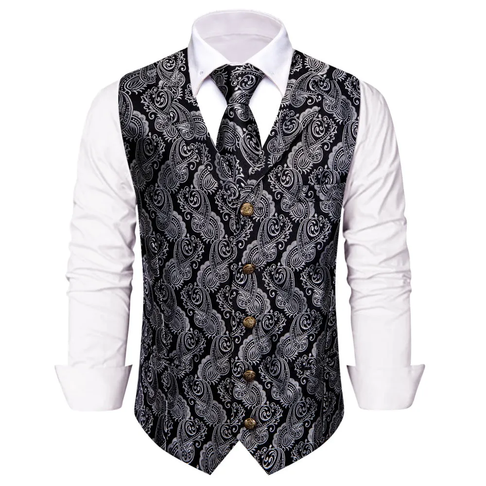 Ties2you Black Silver Paisley Wedding Waistcoat Men's Vest Necktie Set sold by Ties2You product image thumbnail 2