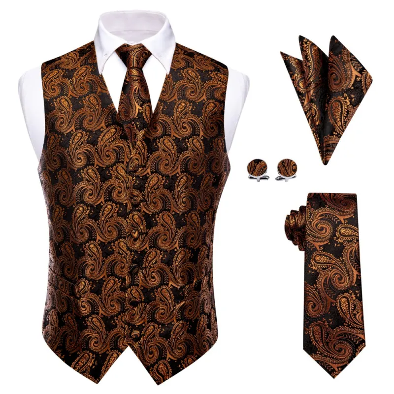 Ties2you Paisley Vest Rust Orange Jacquard Black V-Neck Vest Tie Set sold by Ties2You