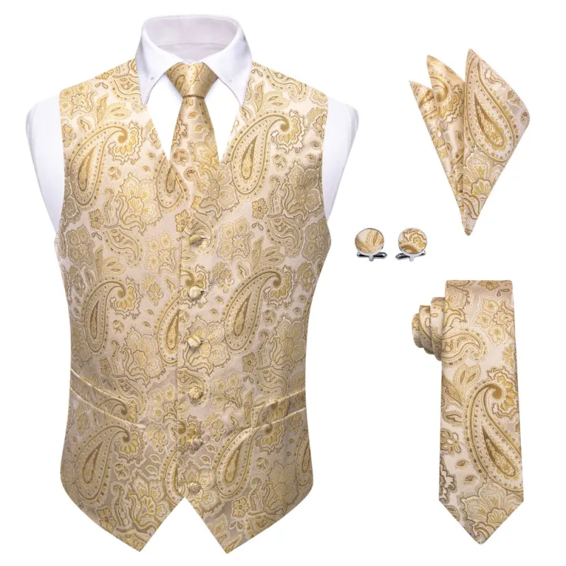 Ties2you Champagne V-Neck Waistcoat Beige Men Paisley Vest Necktie Set sold by Ties2You