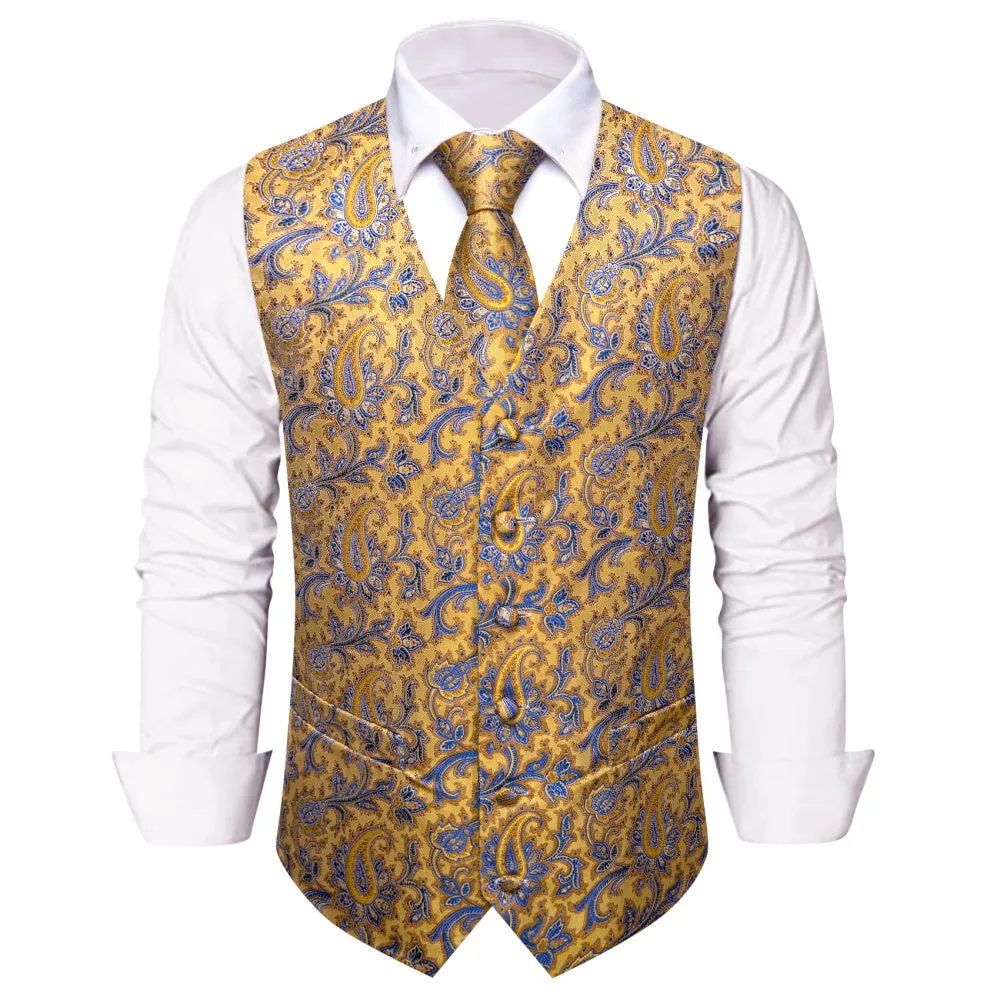 Ties2you Light Yellow V-Neck Waistcoat Blue Paisley Vest Necktie Set sold by Ties2You product image thumbnail 2