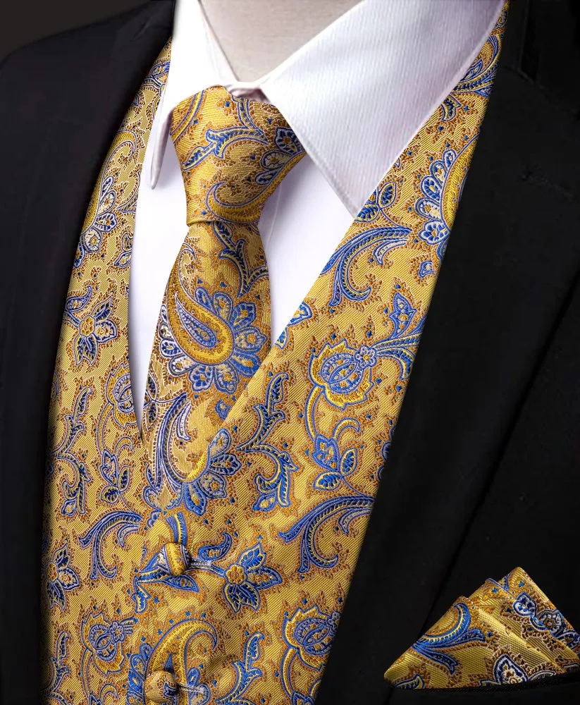 Ties2you Light Yellow V-Neck Waistcoat Blue Paisley Vest Necktie Set sold by Ties2You product image thumbnail 3