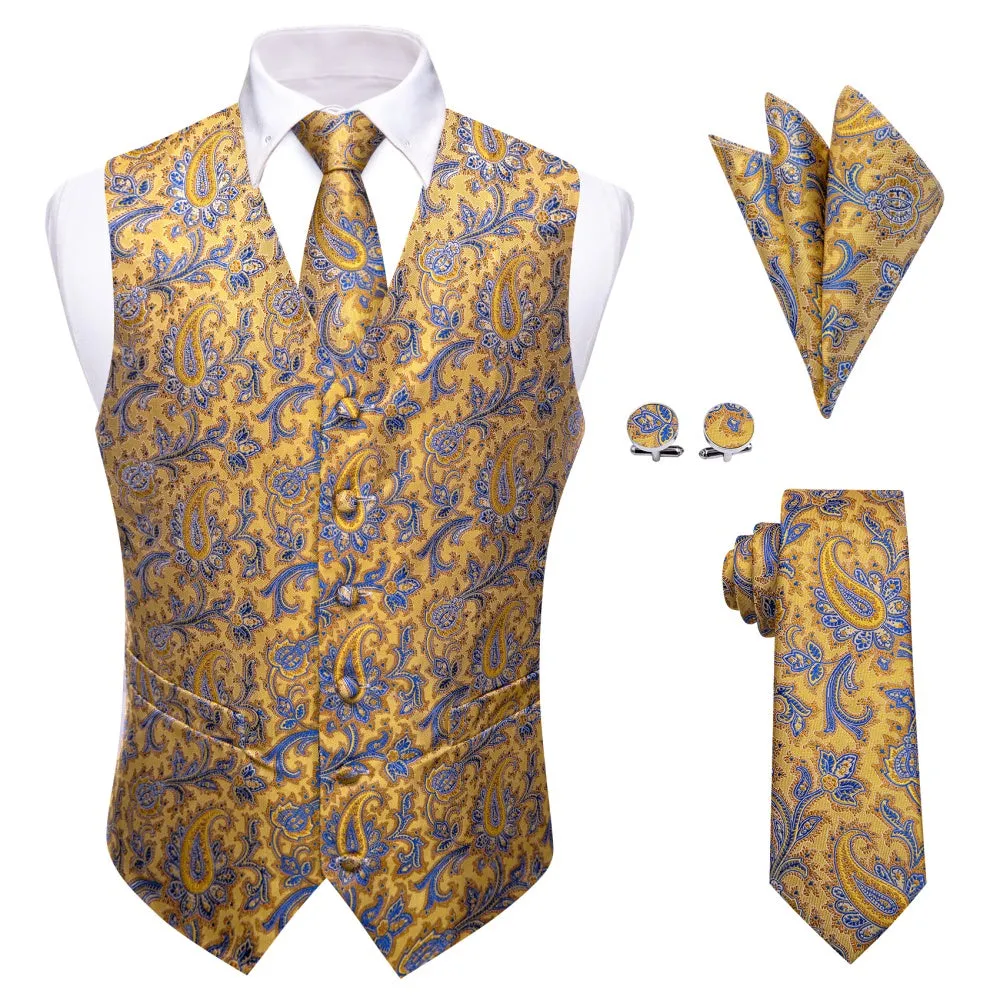 Ties2you Light Yellow V-Neck Waistcoat Blue Paisley Vest Necktie Set sold by Ties2You