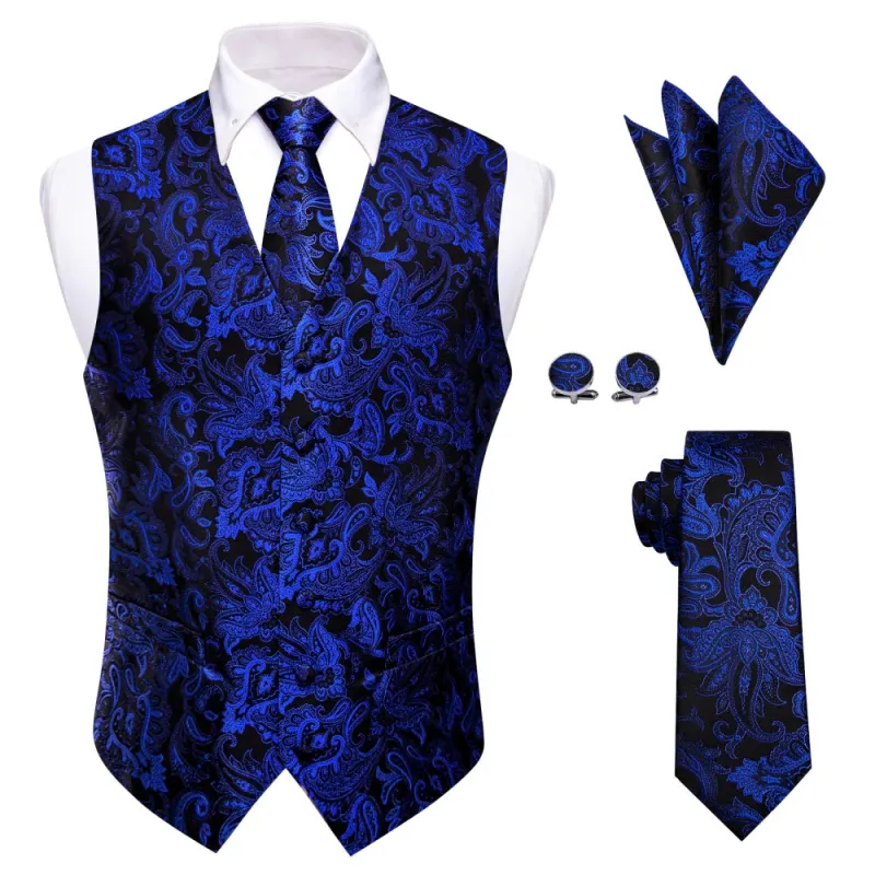 Ties2you Deep Blue V-Neck Waistcoat Black Paisley Men Vest Necktie Set sold by Ties2You
