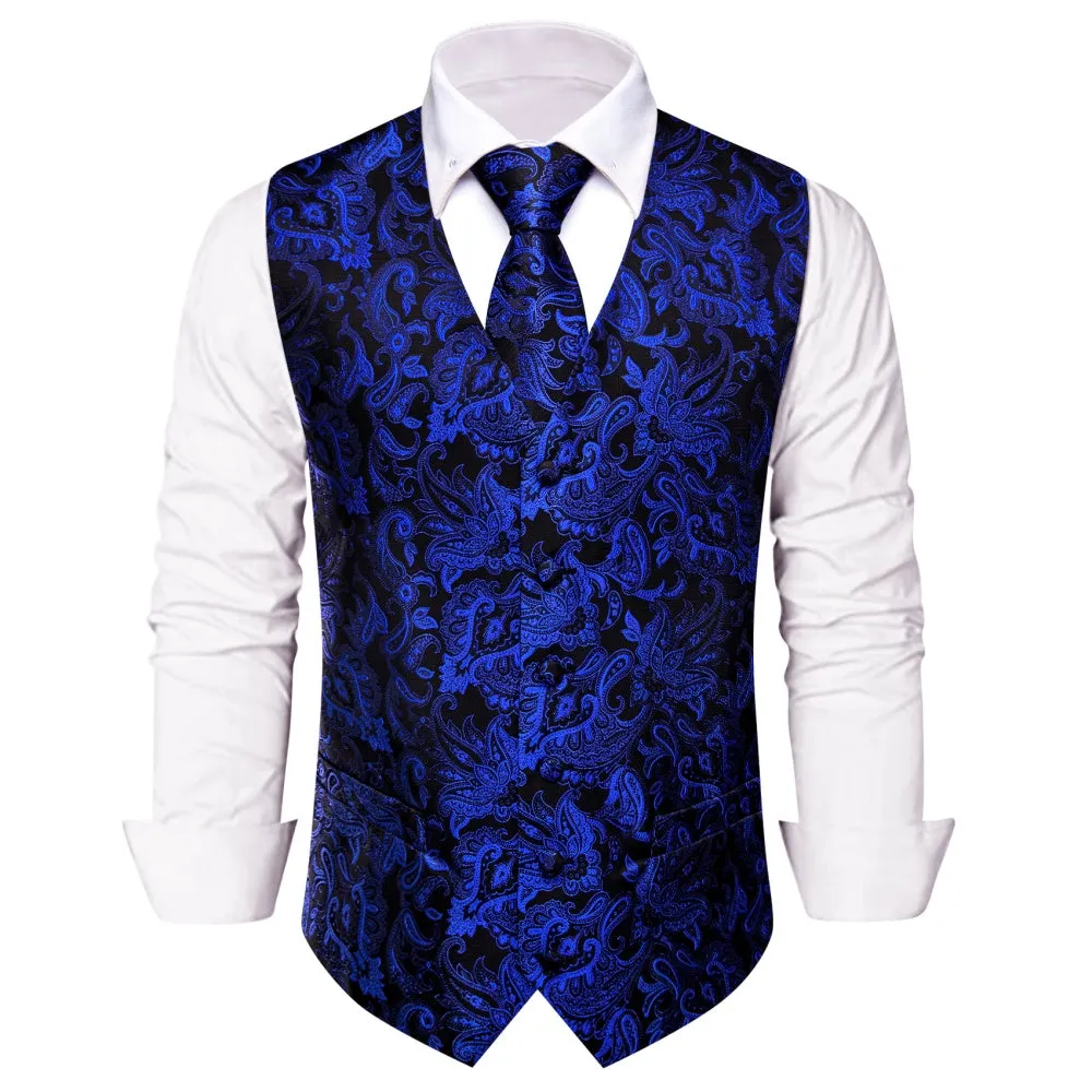 Ties2you Deep Blue V-Neck Waistcoat Black Paisley Men Vest Necktie Set sold by Ties2You product image thumbnail 2