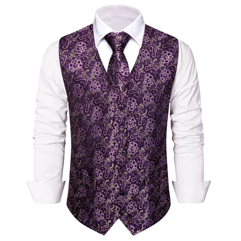 Ties2you V-Neck Waistcoat Purple Beige Paisley Men's Vest Necktie Set sold by Ties2You product image thumbnail 2