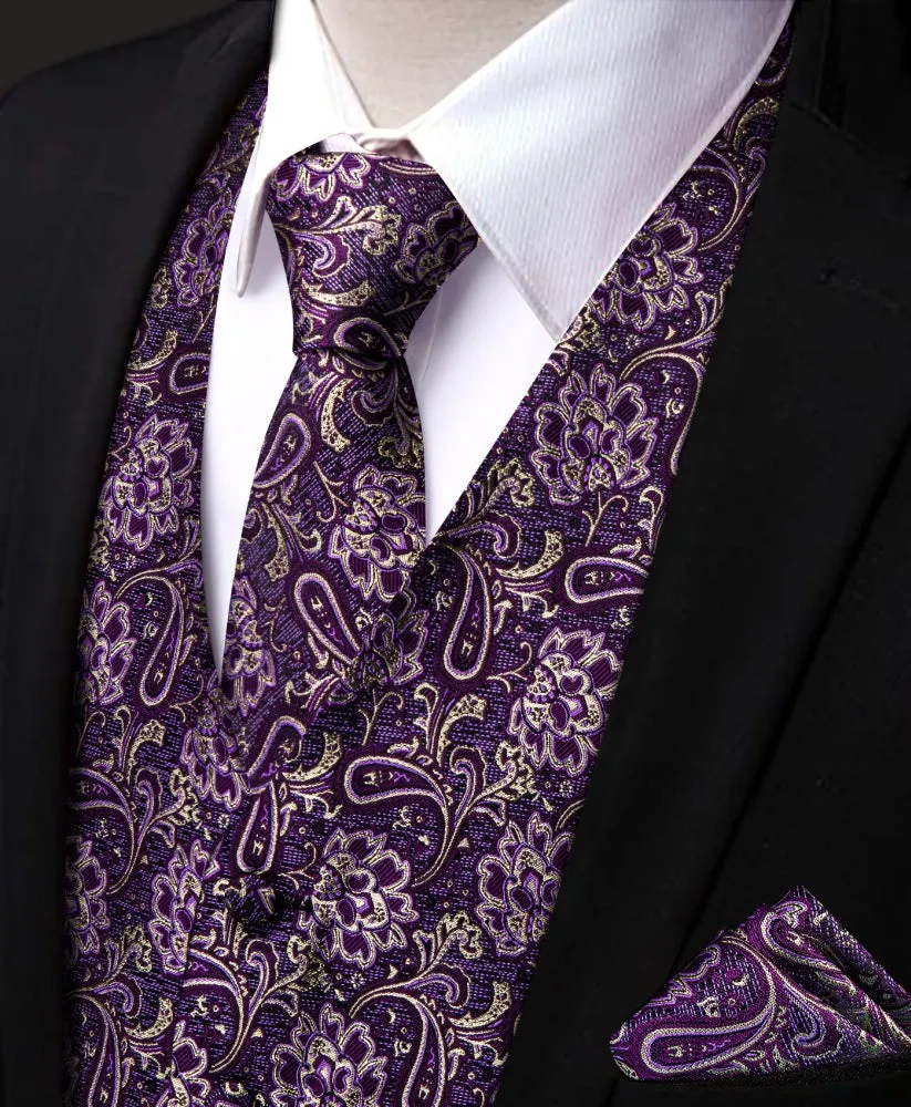 Ties2you V-Neck Waistcoat Purple Beige Paisley Men's Vest Necktie Set sold by Ties2You product image thumbnail 3