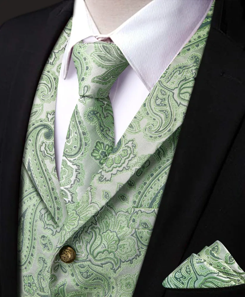 Ties2you Light Green Waistcoat Silk Men's Paisley Wedding Vest Tie Set sold by Ties2You product image thumbnail 3
