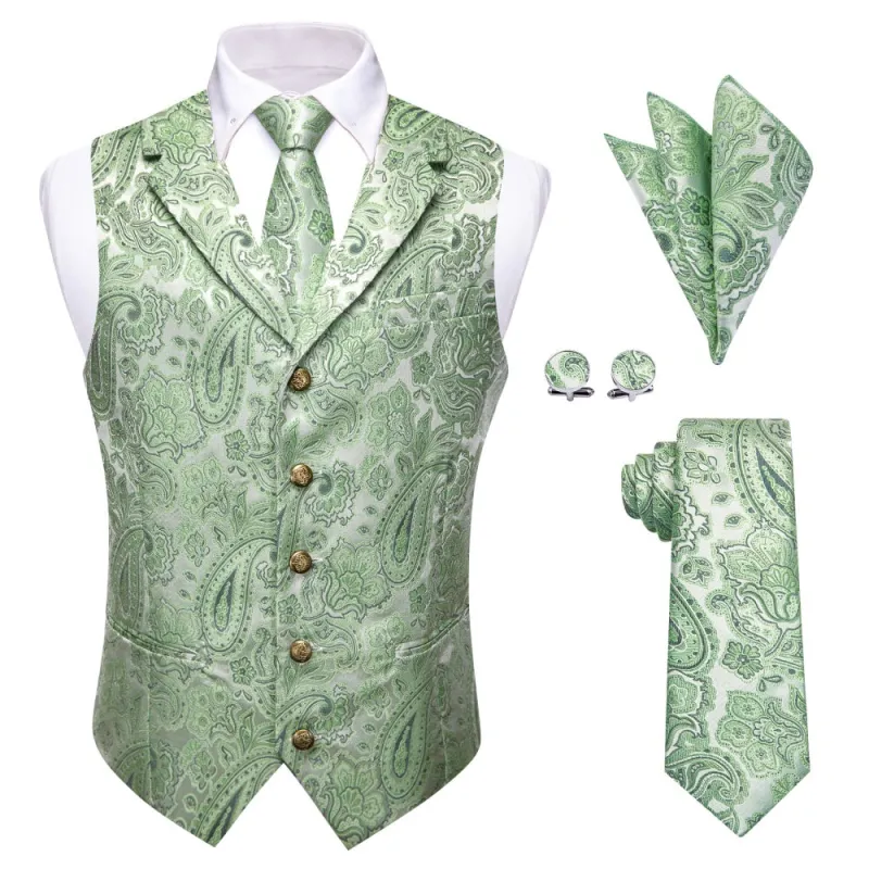 Ties2you Light Green Waistcoat Silk Men's Paisley Wedding Vest Tie Set sold by Ties2You