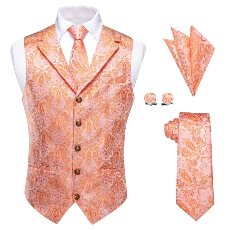 Ties2you Salmon Orange Pasiley Silk Men's Vest Necktie Hanky Cufflinks Set sold by Ties2You