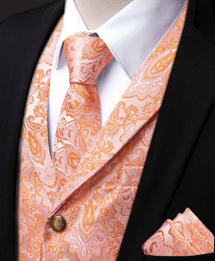 Ties2you Salmon Orange Pasiley Silk Men's Vest Necktie Hanky Cufflinks Set sold by Ties2You product image thumbnail 3