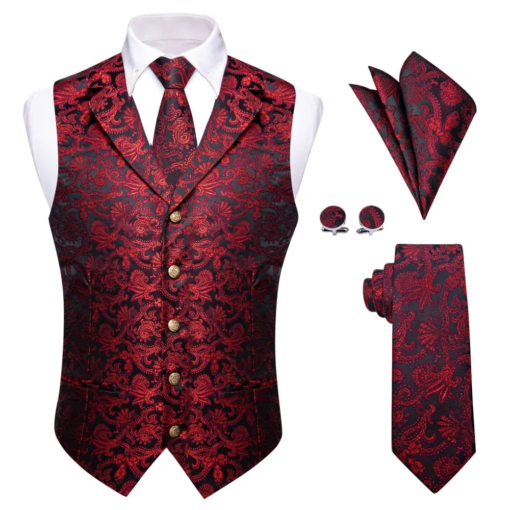 Ties2you Floral Waistcoat Black Red Floral Silk Men's Vest Necktie Set sold by Ties2You
