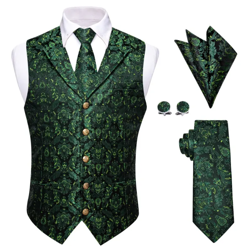 Ties2you Green Black Floral Leaf Silk Men's Vest Necktie Hanky Cufflinks Set sold by Ties2You
