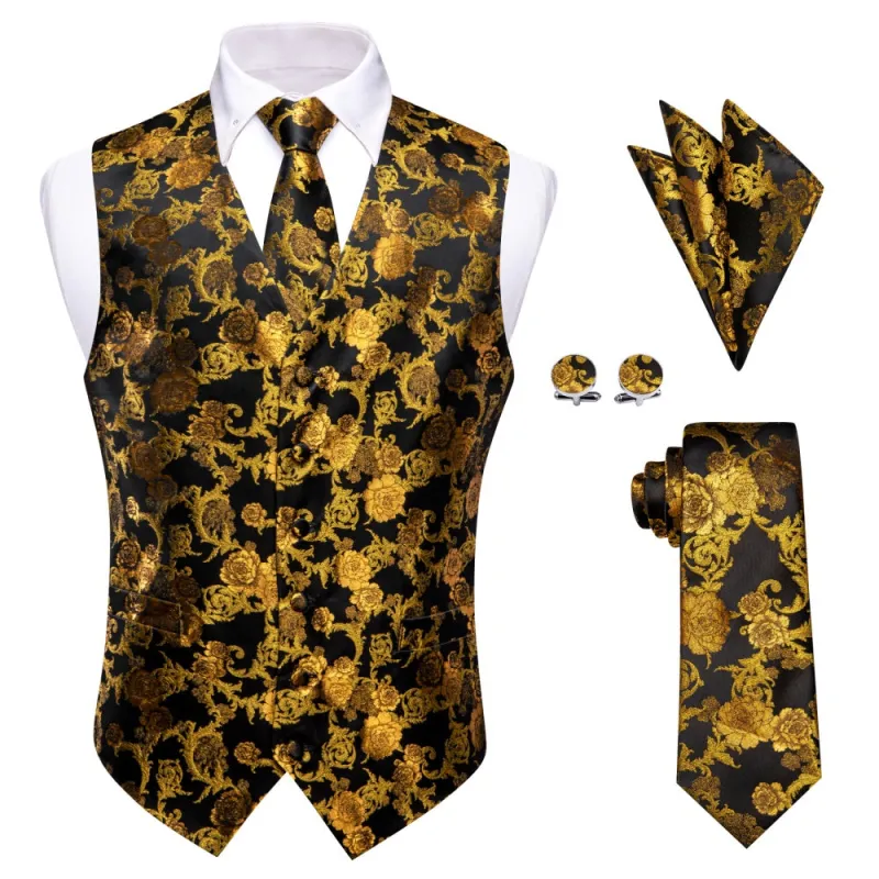 Ties2you Gold Floral Suit Vest Black Business Formal Vest Tie Hanky Cufflinks Set sold by Ties2You