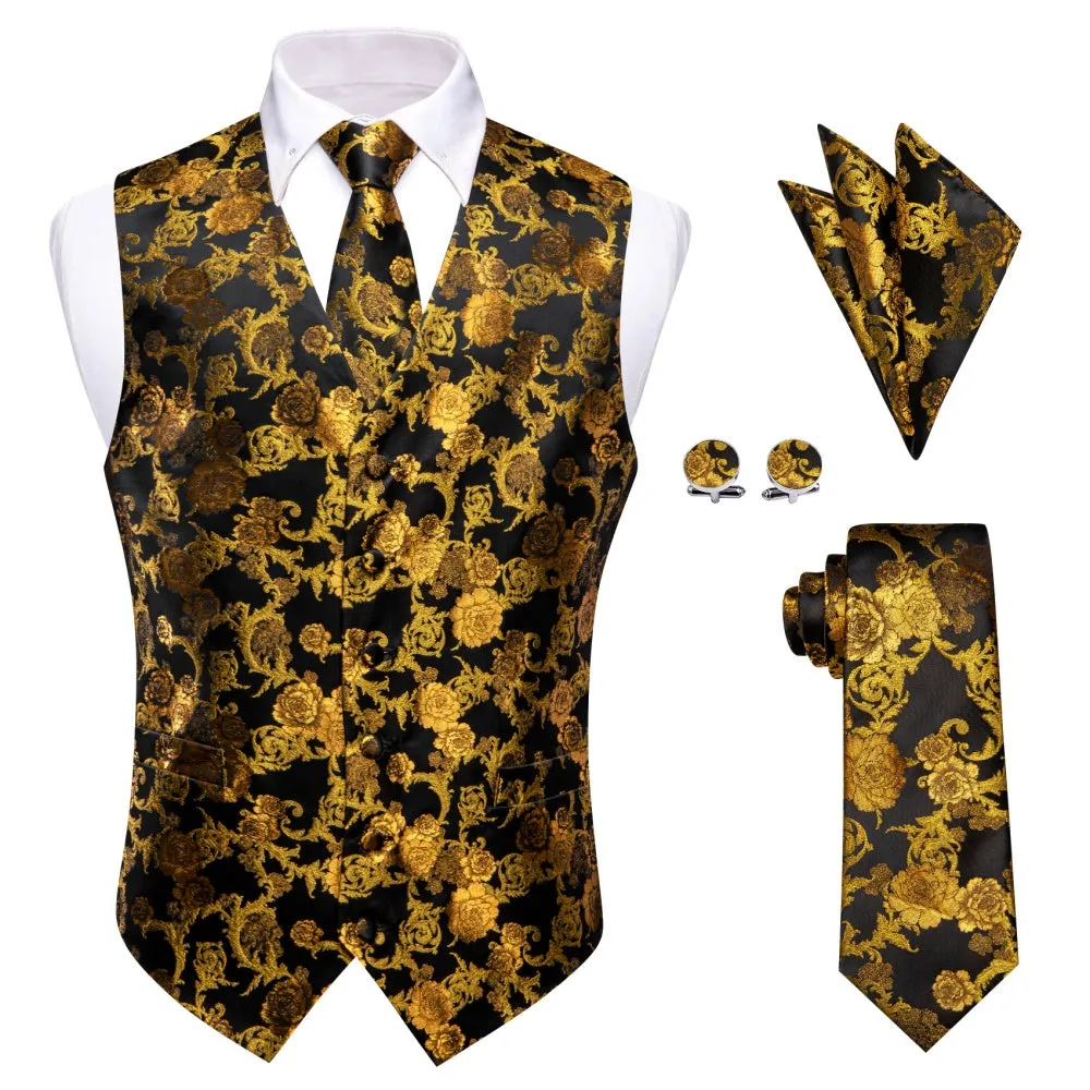 Ties2you Gold Floral Suit Vest Black Business Formal Vest Tie Hanky Cufflinks Set sold by Ties2You