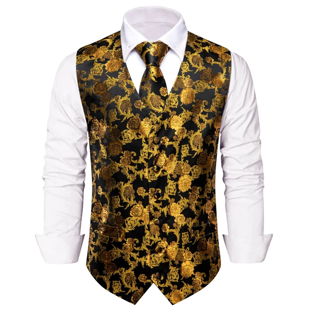 Ties2you Gold Floral Suit Vest Black Business Formal Vest Tie Hanky Cufflinks Set sold by Ties2You product image thumbnail 2