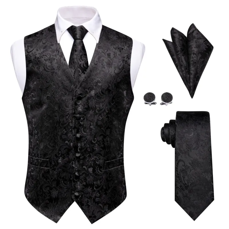 Ties2you Black Floral Silk Men Vest Necktie Hanky Cufflinks Set sold by Ties2You