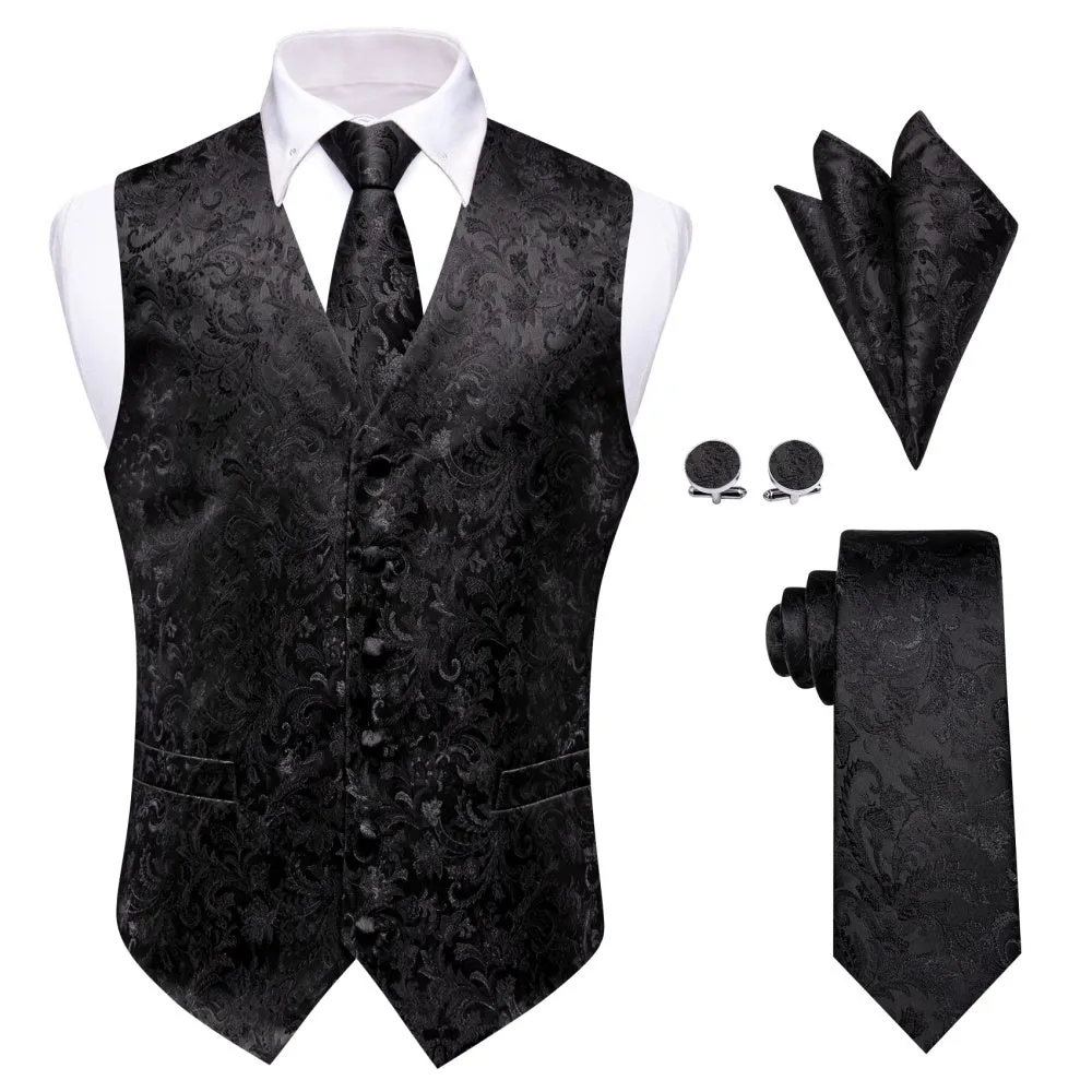 Ties2you Black Floral Silk Men Vest Necktie Hanky Cufflinks Set sold by Ties2You