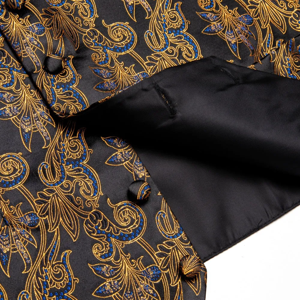 Ties2you Gold Black Blue Floral Men's Vest Necktie Hanky Cufflinks Set sold by Ties2You product image thumbnail 5