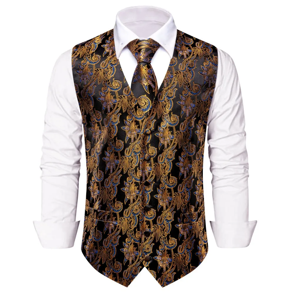 Ties2you Gold Black Blue Floral Men's Vest Necktie Hanky Cufflinks Set sold by Ties2You product image thumbnail 2