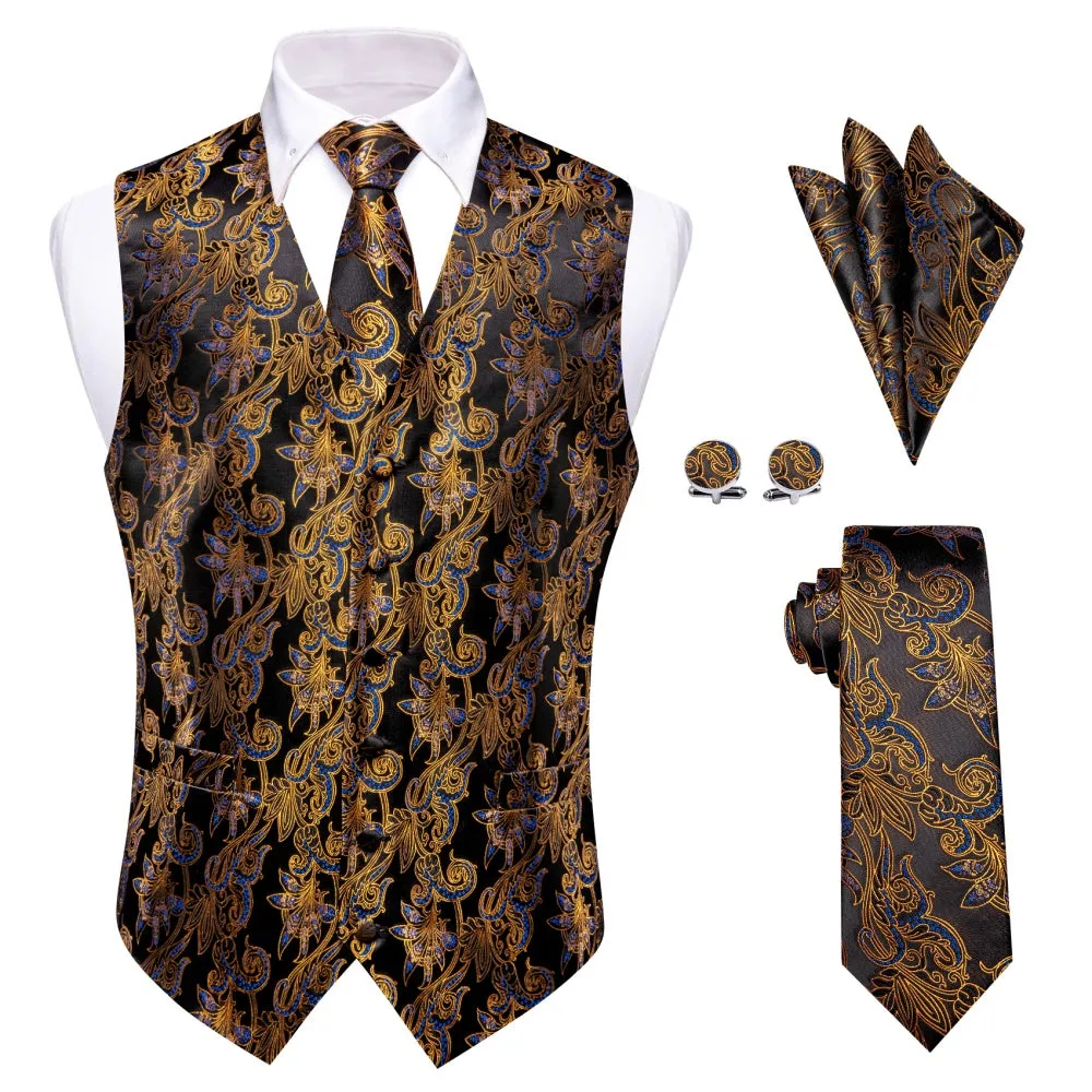 Ties2you Gold Black Blue Floral Men's Vest Necktie Hanky Cufflinks Set sold by Ties2You product image thumbnail 3