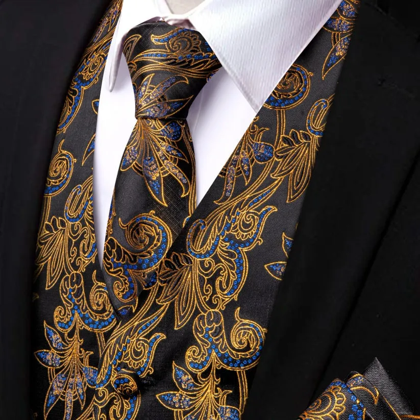 Ties2you Gold Black Blue Floral Men's Vest Necktie Hanky Cufflinks Set sold by Ties2You