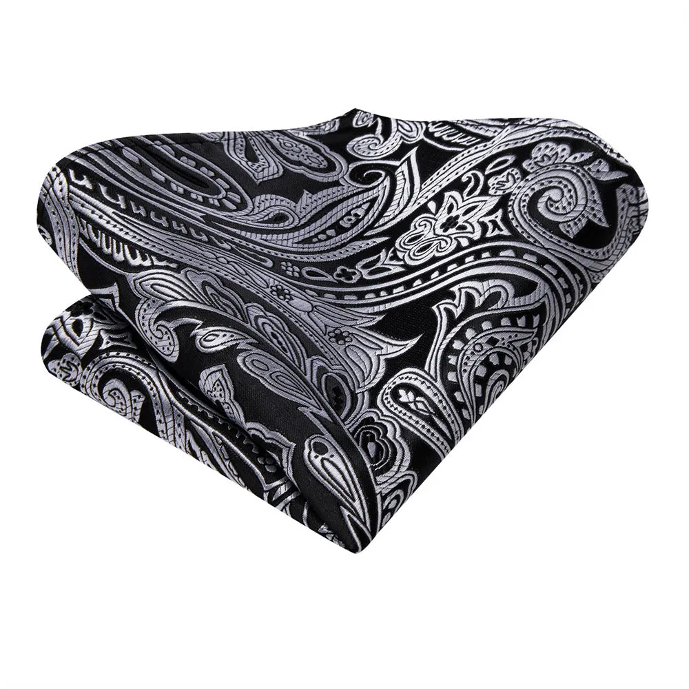Ties2you Black Silver Floral Silk Ascot Cravat Pocket Square Cufflinks Set sold by Ties2You product image thumbnail 4
