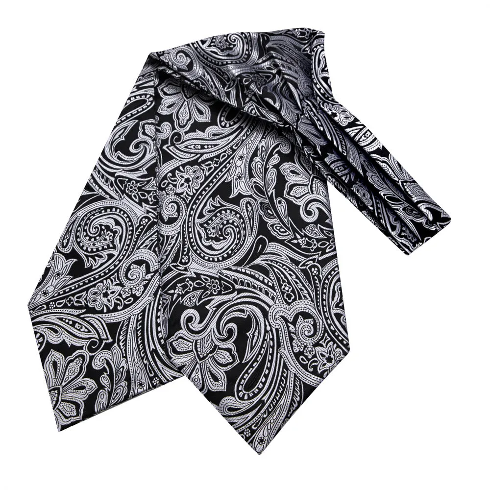 Ties2you Black Silver Floral Silk Ascot Cravat Pocket Square Cufflinks Set sold by Ties2You product image thumbnail 3