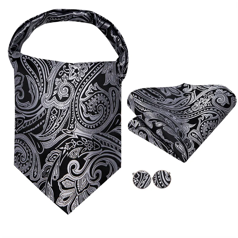 Ties2you Black Silver Floral Silk Ascot Cravat Pocket Square Cufflinks Set sold by Ties2You product image thumbnail 5