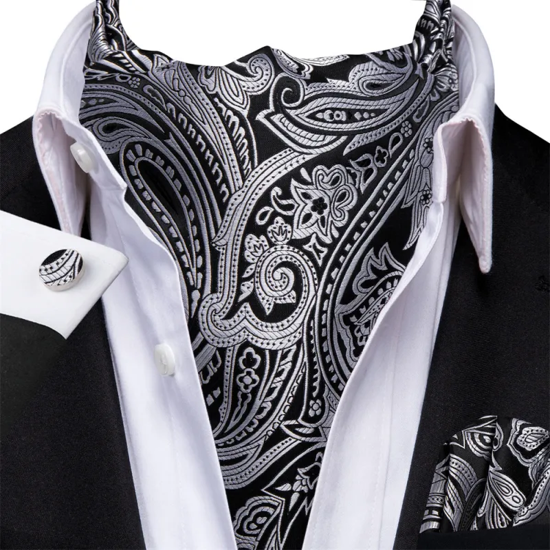 Ties2you Black Silver Floral Silk Ascot Cravat Pocket Square Cufflinks Set sold by Ties2You