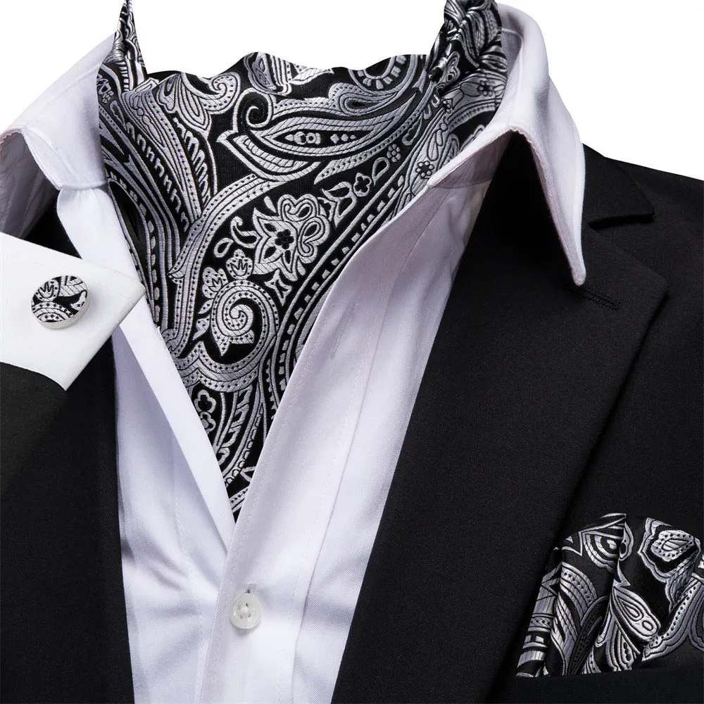 Ties2you Black Silver Floral Silk Ascot Cravat Pocket Square Cufflinks Set sold by Ties2You product image thumbnail 2