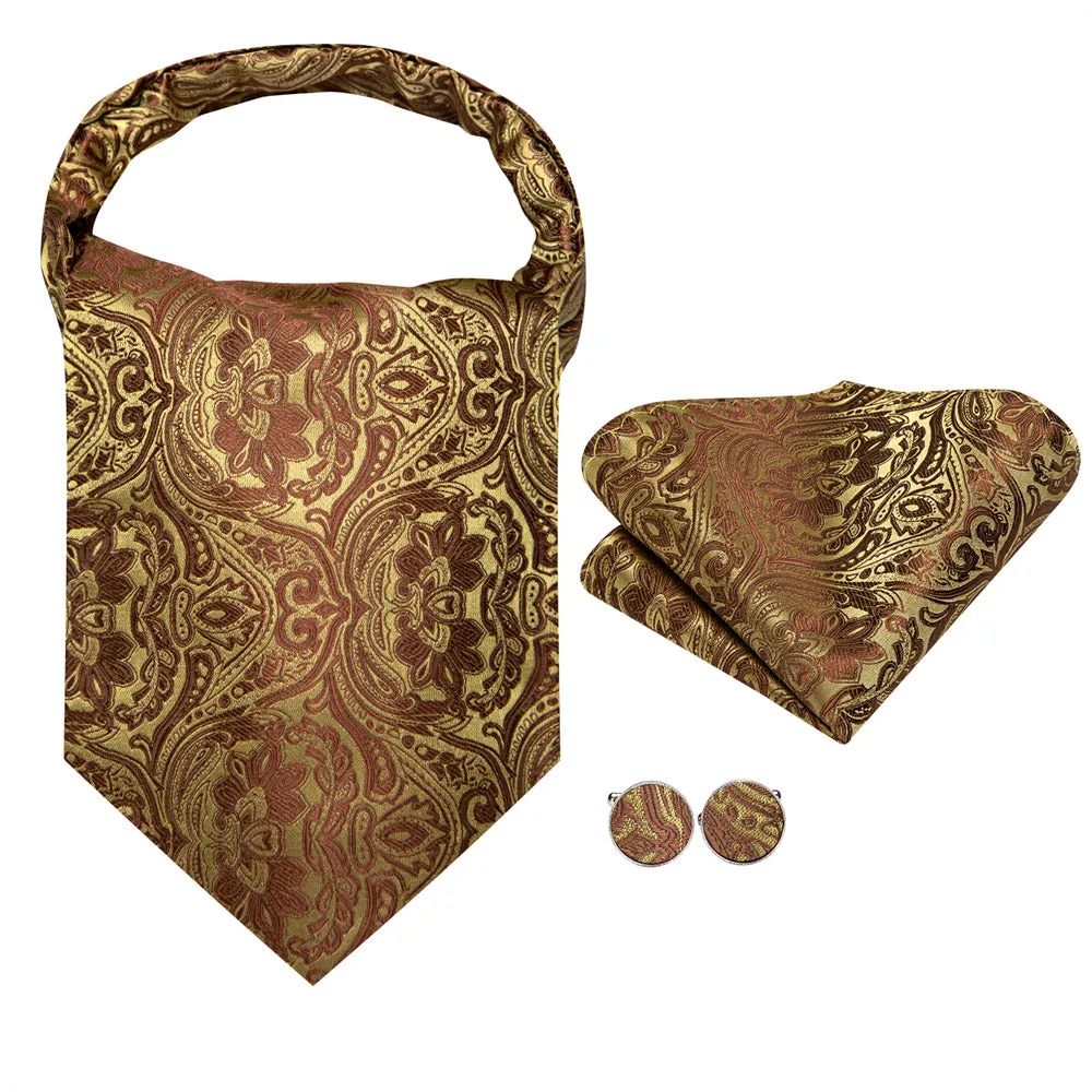 Ties2you Gold Brown Floral Silk Ascot Cravat Pocket Square Cufflinks Set sold by Ties2You product image thumbnail 5